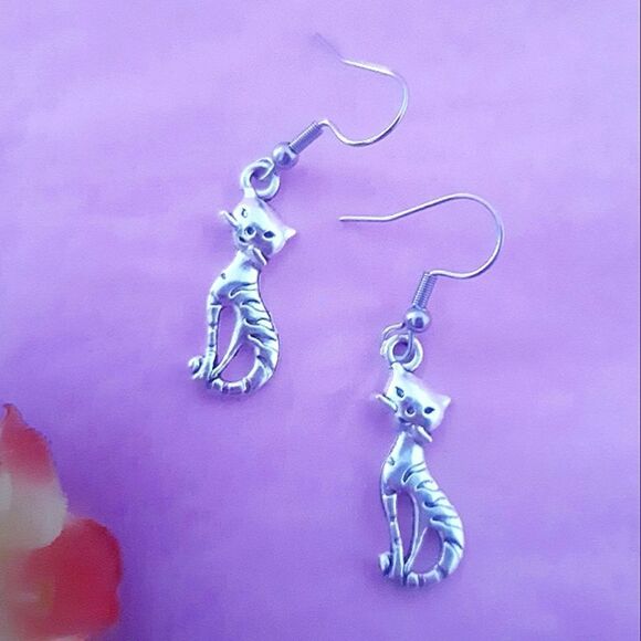 Kitty Cat Brushed Antique Silver-tone Dangling Stainless Steel Hook Earrings - Picture 3 of 5